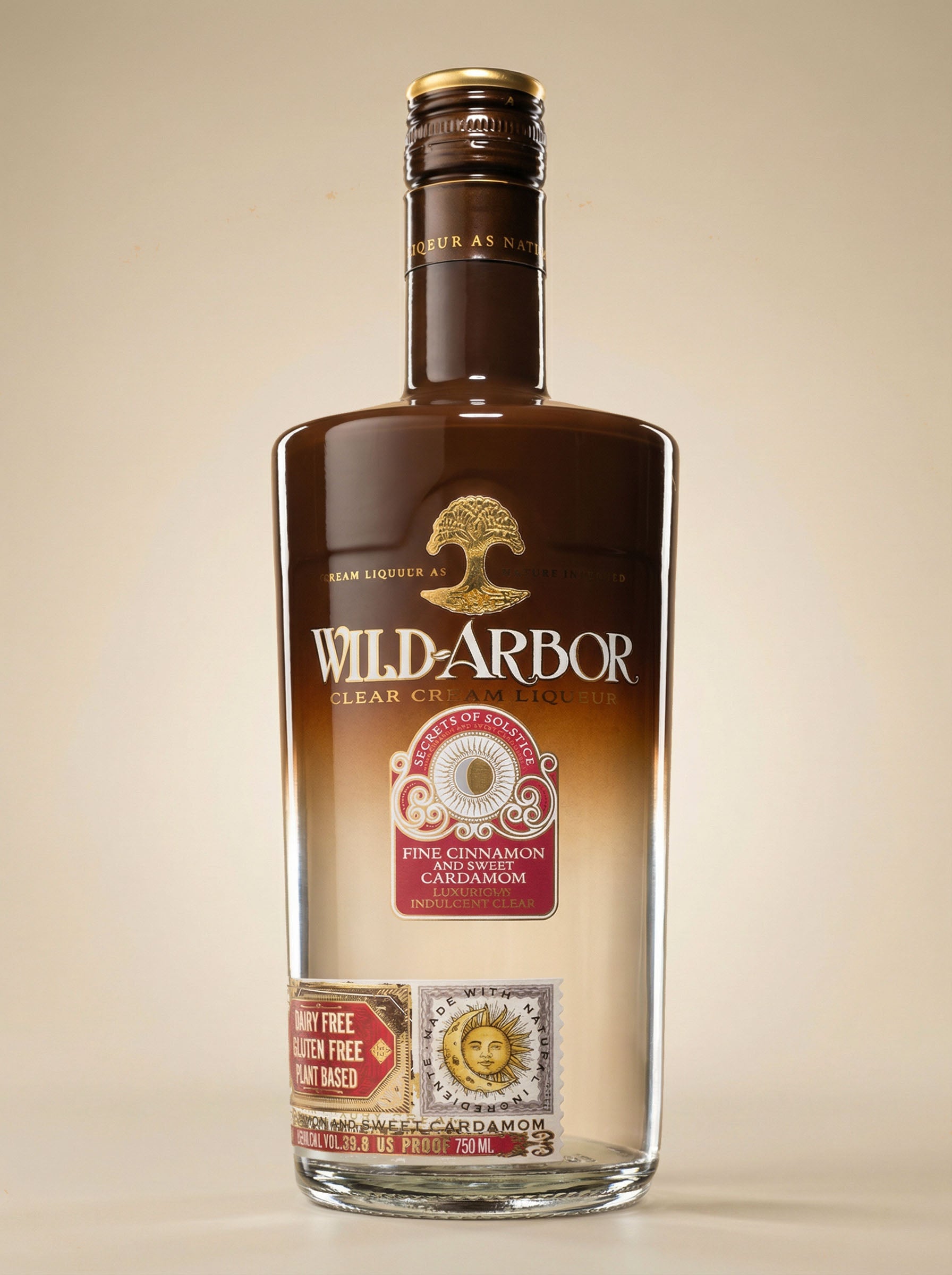 Wild-Arbor Secrets of Solstice clear cream liqueur bottle with cinnamon and cardamom